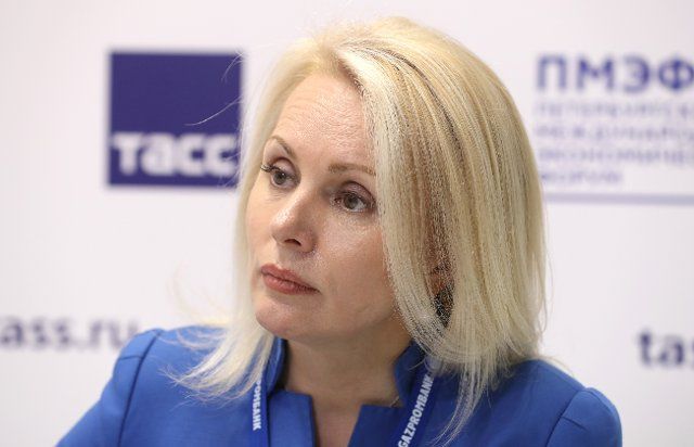 ST PETERSBURG, RUSSIA - JUNE 2, 2021: Gazprombank First Vice President Natalya Tretyak gives an interview to TASS Russian News Agency on the sidelines of the 2021 St Petersburg International Economic Forum (SPIEF 2021) at the ExpoForum Convention 