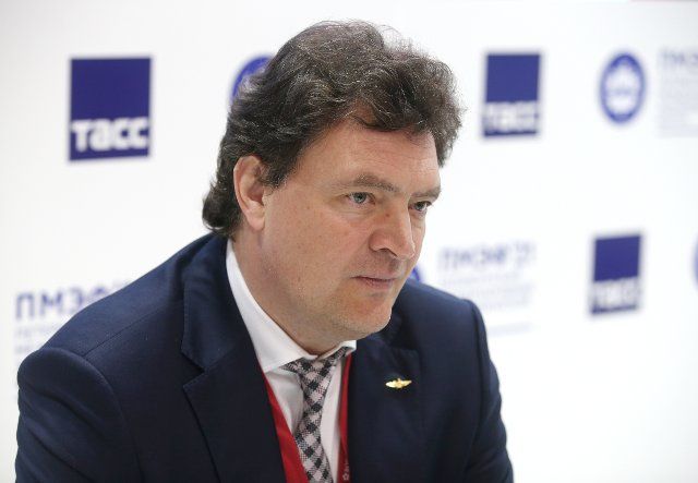 ST PETERSBURG, RUSSIA - JUNE 3, 2021: Aeroflot CEO Mikhail Poluboyarinov gives an interview to TASS Russian News Agency on the sidelines of the 2021 St Petersburg International Economic Forum (SPIEF 2021) at the ExpoForum Convention and Exhibition 