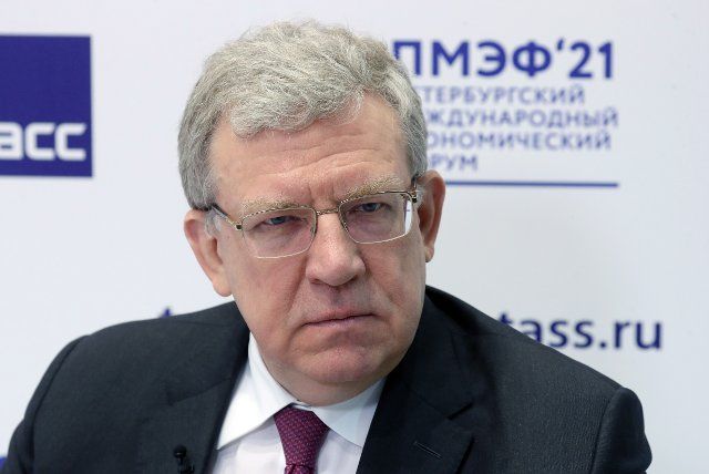 ST PETERSBURG, RUSSIA - JUNE 4, 2021: Alexei Kudrin, chairman of the Russian Audit Chamber, gives an interview to the TASS Russian News Agency at the 24th St Petersburg International Economic Forum (SPIEF 2021) at the ExpoForum Convention and 