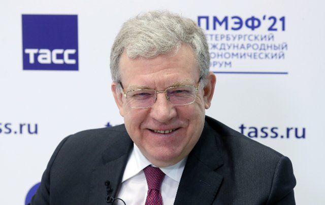 ST PETERSBURG, RUSSIA - JUNE 4, 2021: Alexei Kudrin, chairman of the Russian Audit Chamber, gives an interview to the TASS Russian News Agency at the 24th St Petersburg International Economic Forum (SPIEF 2021) at the ExpoForum Convention and 