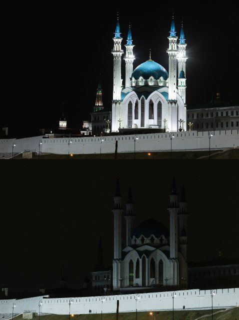 KAZAN, RUSSIA â MARCH 26, 2022: A combination photo showing the Kul Sharif (Qolsharif) Mosque before (top) and after (bottom) lights were turned off during the Earth Hour 2022 environmental campaign. This is an annual lights-off environmental 