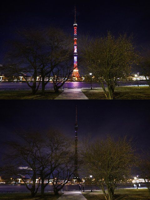 MOSCOW, RUSSIA â MARCH 26, 2022: A combination photo showing the Ostankino TV Tower before (top) and after (bottom) lights were turned off during the Earth Hour 2022 environmental campaign. This is an annual lights-off environmental event 