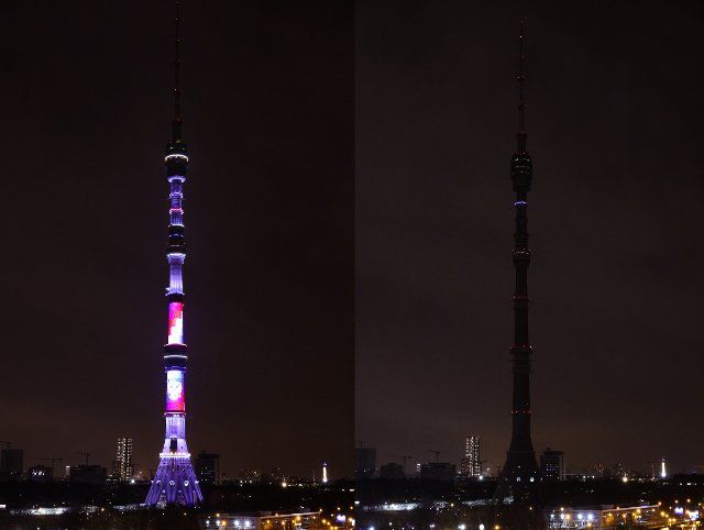 MOSCOW, RUSSIA â MARCH 26, 2022: A combination photo showing the Ostankino TV Tower before (L) and after lights were turned off during the Earth Hour 2022 environmental campaign. This is an annual lights-off environmental event organised by the 