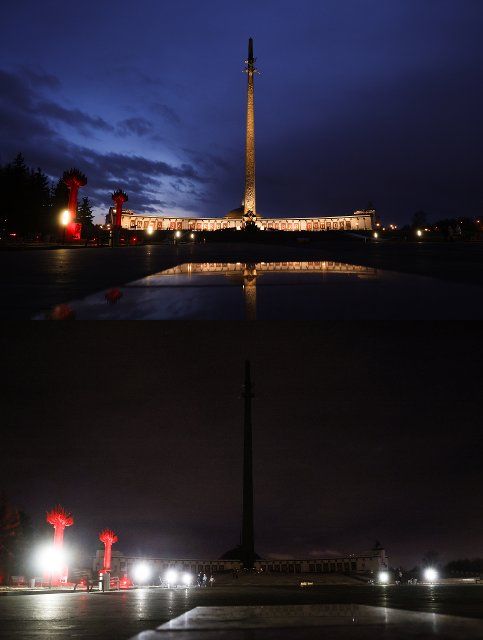 MOSCOW, RUSSIA â MARCH 26, 2022: A combination photo showing the Victory Monument on Poklonnaya Hill WWII Memorial before (top) and after (bottom) lights were turned off during the Earth Hour 2022 environmental campaign. This is an annual lights