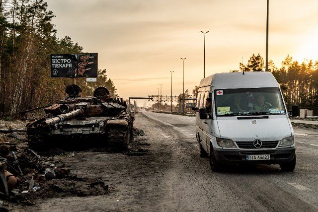 Kyiv, Kyiv Oblast, destroyed military vehicles, burnt cars and the remains of missiles exploded along the roads of the Kiev region testify to the harsh clashes that took place in this area. In the photo a destroyed Russian tank with the inscription 
