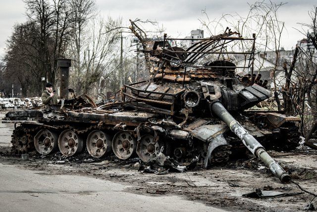 Kyiv, Kyiv Oblast, destroyed military vehicles, burnt cars and the remains of missiles exploded along the roads of the Kiev region testify to the harsh clashes that took place in this area. In the photo a destroyed Russian tank