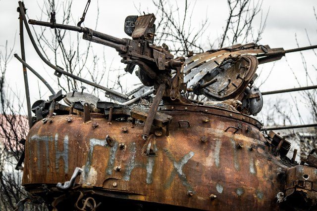 Kyiv, Kyiv Oblast, destroyed military vehicles, burnt cars and the remains of missiles exploded along the roads of the Kiev region testify to the harsh clashes that took place in this area. In the photo a destroyed Russian tank