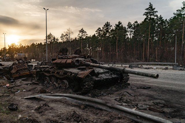 Kyiv, Kyiv Oblast, destroyed military vehicles, burnt cars and the remains of missiles exploded along the roads of the Kiev region testify to the harsh clashes that took place in this area. In the photo a destroyed Russian tank with the inscription 