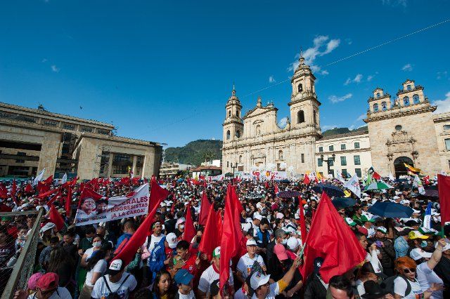 Supporters of Gustavo Petro wave flags and signs at Plaza de Bolivar during the closing campaign rally of left-wing presidential candidate for the political alliance \