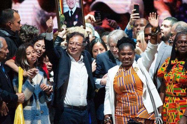 Left-wing president and vice-president elect of Colombia, Gustavo Petro (Left) and Francia Marquez (Right) give a speech at the movistar Arena in Bogota, Colombia after results showed left-wing presidential candidate Gustavo Petro as the first left