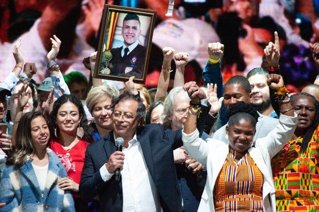 Left-wing president and vice-president elect of Colombia, Gustavo Petro (Left) and Francia Marquez (Right) give a speech at the movistar Arena in Bogota, Colombia after results showed left-wing presidential candidate Gustavo Petro as the first left