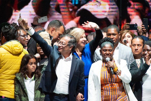 Left-wing president and vice-president elect of Colombia, Gustavo Petro (Left) and Francia Marquez (Right) give a speach at the movistar Arena in Bogota, Colombia after results showed left-wing presidential candidate Gustavo Petro as the first left