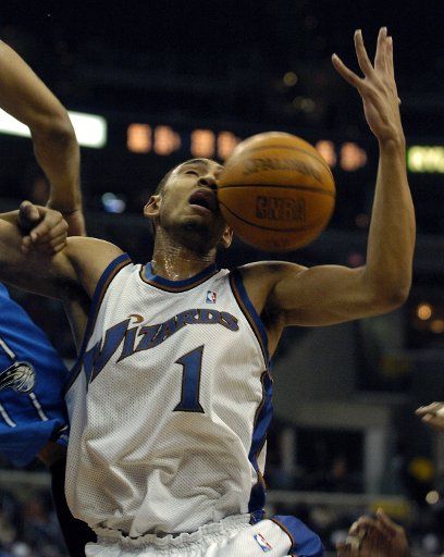 The Washington Wizards Jared Jeffries fights for a rebound in a game against the Orlando Magic on Jan. 28 2004 at the MCI Center in Washington.  (UPI Photo\/Mark Goldman)