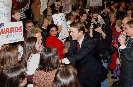 Senator John Edwards works his hometown crowd at the Bringing It Home Rally on Monday February 2 2004 in Seneca South Carolina.  (UPI Photo\/David Allio)