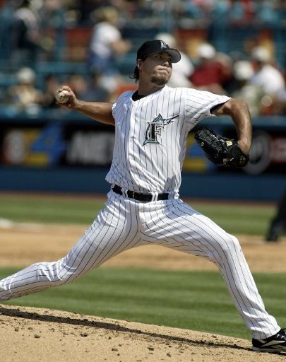 Florida Marlins starting pitcher Josh Beckett works against the New York Mets at Pro Player Stadium in Miami  Florida on May 30 2004.  The Marlins took the win 8-6.  (UPI Photo\/Michael Bush)
