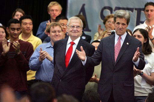Former Chrysler Motors Chairman Lee Iacocca (L) appears at a campaign rally with Democratic presidential candidate U.S. Senator John Kerry at San Jose State University in San Jose CA on June 24 2004.   (UPI Photo\/Terry Schmitt)