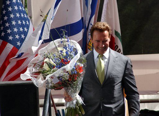 California Governor Arnold Schwarzenegger attends  the cornerstone dedication for the Center for Human Dignity Museum of Tolerance in Jerusalem May 2 2004. Governor Schwarzenegger\