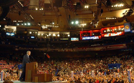 President George W. Bush speaks to the delegates at the Republican National Convention at Madison Square Garden in New York on Sept. 2 2004. He accepted the nomination to run for a second term.   (UPI Photo\/Greg Whitesell)