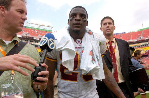 Washington Redskins running back Clinton Portis who rushed for 148 yards after the season opener 16-10 victory against the Tampa Bay Buccaneers on September 12 2004 at Fed Ex Field in Landover Md.     (UPI Photo\/Greg Whitesell)