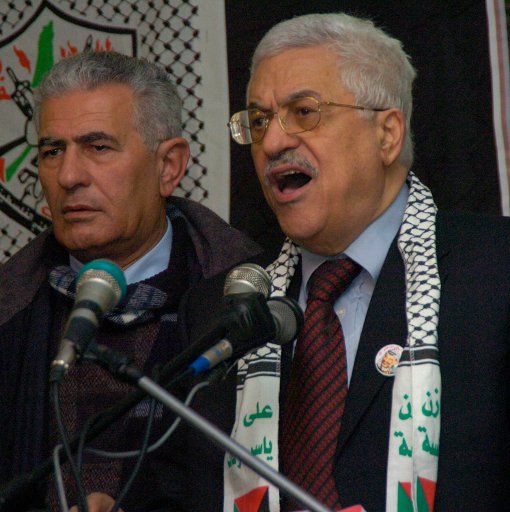  Mahmoud Abbas the front-runner in the upcoming Palestinian presidential election speaks at a campaign rally in the Fawwar Refugee Camp West Bank January 5 2005. (UPI Photo\/Debbie Hill)