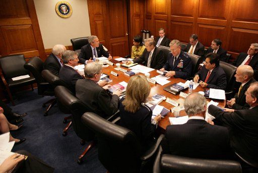 U.S. President George W. Bush leads a Pre-Brief for Meeting with Members of the Commission on the Intelligence Capabilities of the United States Regarding Weapons of Mass Destruction (WMD) in the White House on March 31 2005.   (UPI Photo\/Eric...