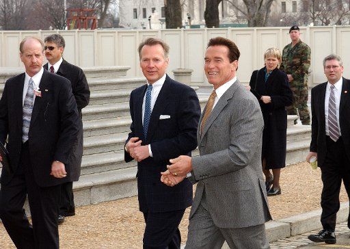 Rep. David Dreier R-Calif. left center and California Gov. Arnold Schwarzenegger right center head into the U.S. Capitol building for a meeting in Washington on Feb. 17 2005.   (UPI Photo\/Roger L. Wollenberg)
