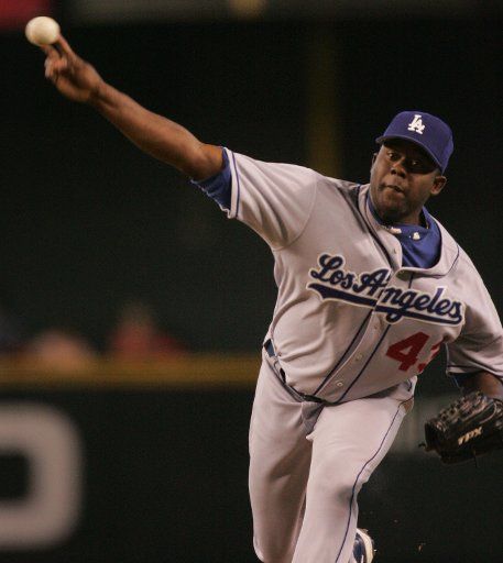 Los Angeles Dodgers relief pitcher Yhency Brazoban pitches against the Arizona Diamondbacks in the eighth inning May 29 2005 in Phoenix AZ.     (UPI Photo\/Will Powers)     