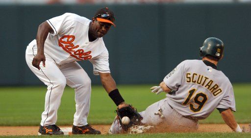 The Oakland Athletics Marco Scutaro steals second base in the twelfth inning against the Baltimore Orioles Miguel Tejada on August 29 2005 at Orioles Park at Camden Yards in Baltimore MD. (UPI Photo\/Mark Goldman)