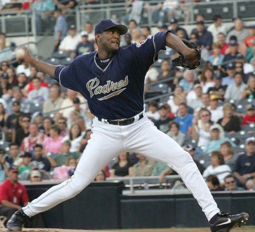 Padre pitcher Pedro Astacio throws against the Cincinnati Reds  at Petco Park in San Diego CA July 30 2005.    (UPI Photo\/Roger Williams)