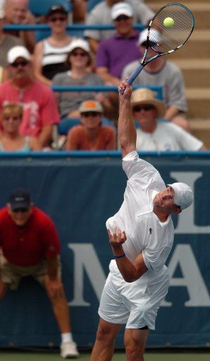 Andy Roddick serves the ball against Paradorn Srichaphan during the semifinals of the Legg Mason Tennis Classic at the William H.G. Fitzgerald Tennis Center in Washington D.C. on August 6 2005. Roddick\