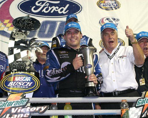 Ryan Newman celebrates winning the NASCAR Busch series Ford 300 race at the Homestead-Miami Speedway in Homestead  Florida on November 19 2005.  (UPI Photo\/Martin Fried)