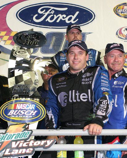 Ryan Newman celebrates winning the NASCAR Busch series Ford 300 race at the Homestead-Miami Speedway in Homestead  Florida on November 19 2005.  (UPI Photo\/Martin Fried)