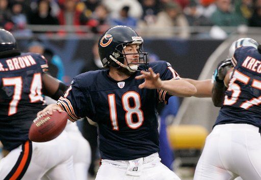 Chicago Bears quarterback Kyle Orton drops back to pass against the Carolina Panthers during the fourth quarter at Soldier Field in Chicago on November 20 2005.  The Bears won 13-3. (UPI Photo\/Brian Kersey)