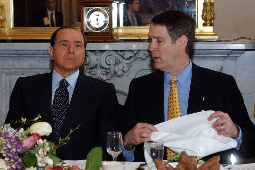 Italian Prime Minister Silvio Berlusconi (L) sits with Senate Majority Leader Bill Frist (R-TN) after addresses a Joint Session of Congress on Capitol Hill in Washington on March 1 2006. (UPI Photo\/Kevin Dietsch)