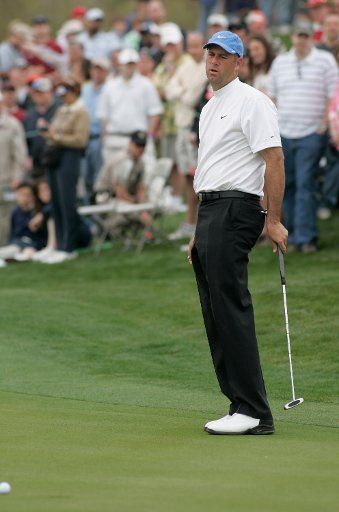 Stewart Cink reacts after missing his putt for a birdie on the eighth hole of the FBR Open in Scottsdale Arizona February 5 2006.      (UPI Photo\/Will Powers)     