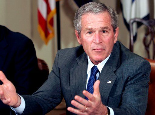 President George W. Bush talks about health care accounts and the situation in Iraq after meeting with health care officials in the Roosevelt Room of the White House in Washington on April 42006. (UPI Photo\/Joe Marquette\/Pool)