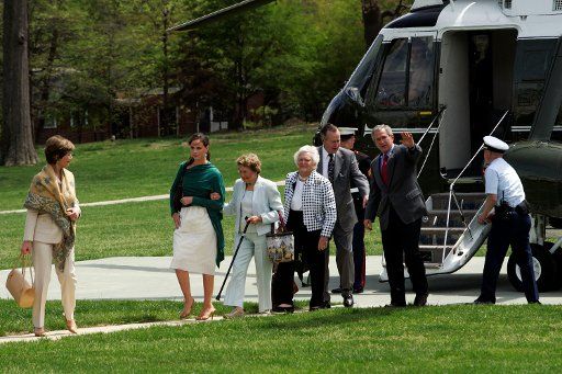 The first family of the United States arrived at the Naval Observatory in Washington D.C. on April 16 2006 after spending the Easter morning at Camp David. Left to right First Lady Laura Bush Barbara Bush Jenna Welch former First Lady Barbara...