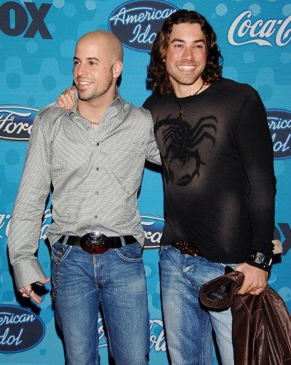 Contestants Chris Daughtry (L) 26 of McLeansville N.C. and Ace Young 25 of Denver Colorado arrive for the party for the 12 finalists of the television show "American Idol" at the Pacific Design Center in Los Angeles California on March 9 2006....