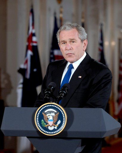 President George W. Bush speaks during a joint press availability with the Australian Prime Minister John Howard in The White House in Washington on May 16 2006. (UPI Photo\/Kevin Dietsch)
