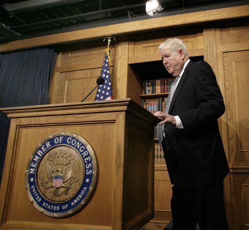 Rep. John Murtha (D-PA) arrives to speak about Iraq at a news conference on Capitol Hill in Washington on May 17 2006. (UPI Photo\/Yuri Gripas) 