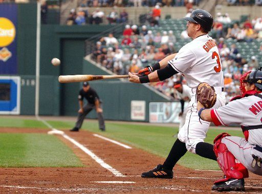 The Baltimore Orioles Jay Gibbons (31) singles in the first inning against Tim Wakefield of the Boston Red Sox at Orioles Park at Camden Yards in Baltimore MD on May 17 2006.    (UPI Photo\/Mark Goldman)