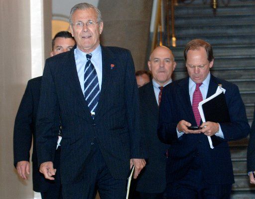 Secretary of Defense Donald Rumsfeld makes his way to a House briefing on Iraq in Washington on May 3 2006. (UPI Photo\/Kevin Dietsch)