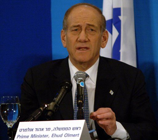 Israeli Prime Minister Ehud Olmert attends a meeting with the foreign media in Jerusalem July 10 2006.  The Prime Minister reiterated his stance that Israel would not negotiate with Hamas on the release of abducted Corporal Gilat Shalit. (UPI...