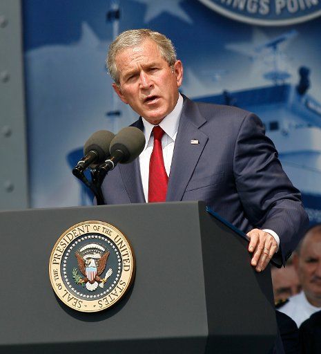 President George W. Bush speaks during graduation day at the United States Merchant Marine Academy in Kings Point NY on June 19 2006.  (UPI Photo\/John Angelillo)    