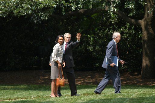 President George W. Bush Secretary of State Condoleezza Rice and Deputy Chief of Staff Karl Rove arrive at the White House following President Bush\