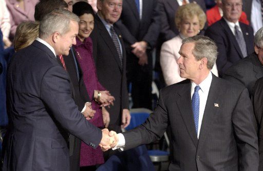 Former Rep. Mark Foley R-Fla. seen in this December 8 2003 file photo with U.S. President George W. Bush resigned September 29 2006 after being questioned about sexually explicit emails to underage boys.   (UPI Photo\/Joel Rennich\/FILE)