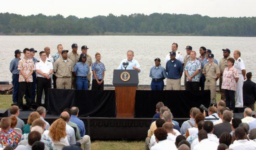 U.S. President George W. Bush discusses the economy on Labor Day at the Paul Hall Center for Maritime Training and Education in Piney Point Maryland on September 4 2006. Bush said his administration\