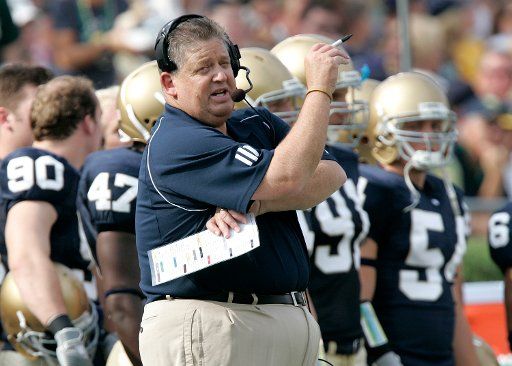 Notre Dame head coach Charlie Weis stands on the sidelines as his team plays Michigan during the second quarter at Notre Dame Stadium in South Bend Indiana on September 16 2006. (UPI Photo\/Brian Kersey)