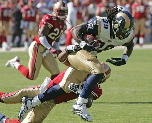 St. Louis Rams RB Steven Jackson (39) is tackled in the fourth quarter against the San Francisco 49ers at Monster Park in San Francisco on September 17  2006. The 49ers defeated the Rams 20-13.   (UPI Photo\/Terry Schmitt)