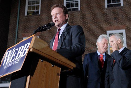 Virginia Democratic Senate candidate Jim Webb (L) speaks at a campaign rally in Alexandria Virginia on November 6 2006. Webb was joined by former President Bill Clinton (C) and former Senator Bob Kerrey.(UPI Photo\/Kevin Dietsch)